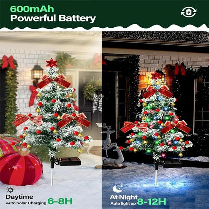 Solar Cedar Christmas Tree Light Decoration with red bows and lights on a stake on Tampa Home & Garden Store