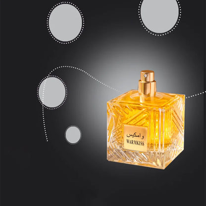 Khamrah Warm Kiss perfume bottle, square crystal glass with amber liquid and gold spray cap on Tampa Home & Garden Store