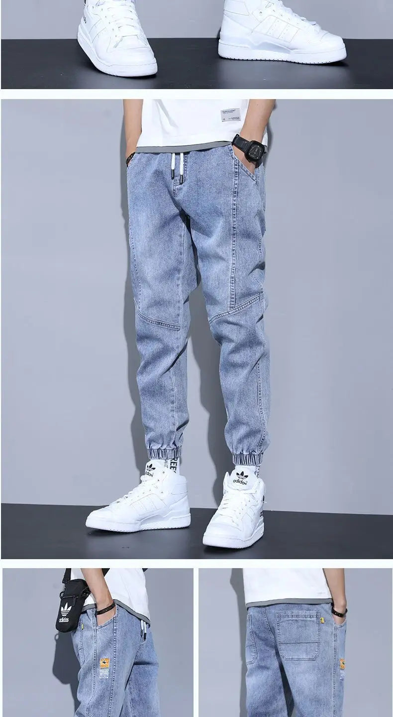 Men wide-leg jeans baggy denim with drawstring waist, cuffed ankles, paired with white sneakers on Tampa Home & Garden Store