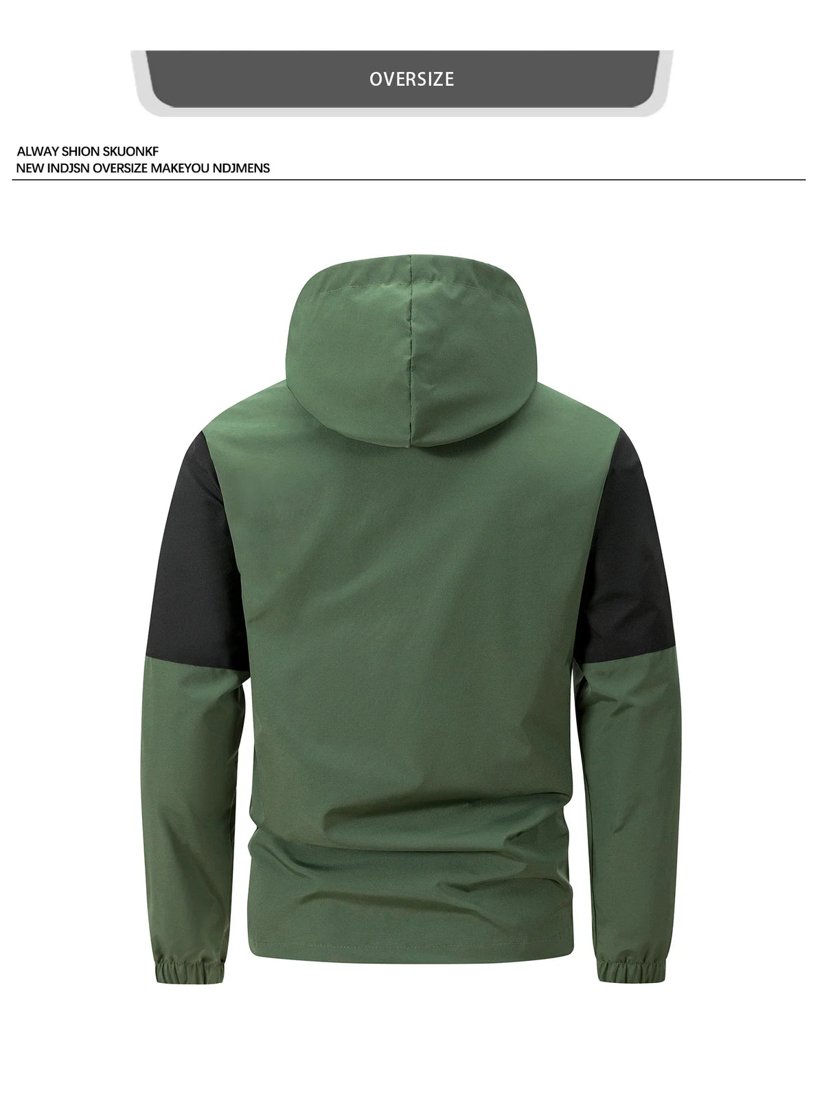 Men windproof hooded jacket in olive green with black sleeves back view on Tampa Home & Garden Store