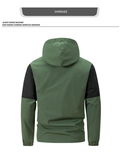 Men windproof hooded jacket in olive green with black sleeves back view on Tampa Home & Garden Store