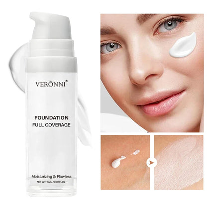 Veronni foundation with pump, full-coverage cream makeup; collage shows cheek and arm swatches on Tampa Home & Garden Store