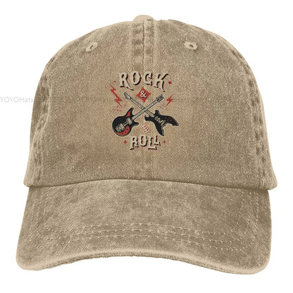 Rock N Roll Multicolor Caps hat with crossed guitars graphic, beige denim look on Tampa Home & Garden Store