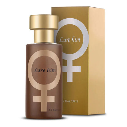 Lure him pheromone perfume bottle in brown glass with cap and female symbol beside a box on Tampa Home & Garden Store