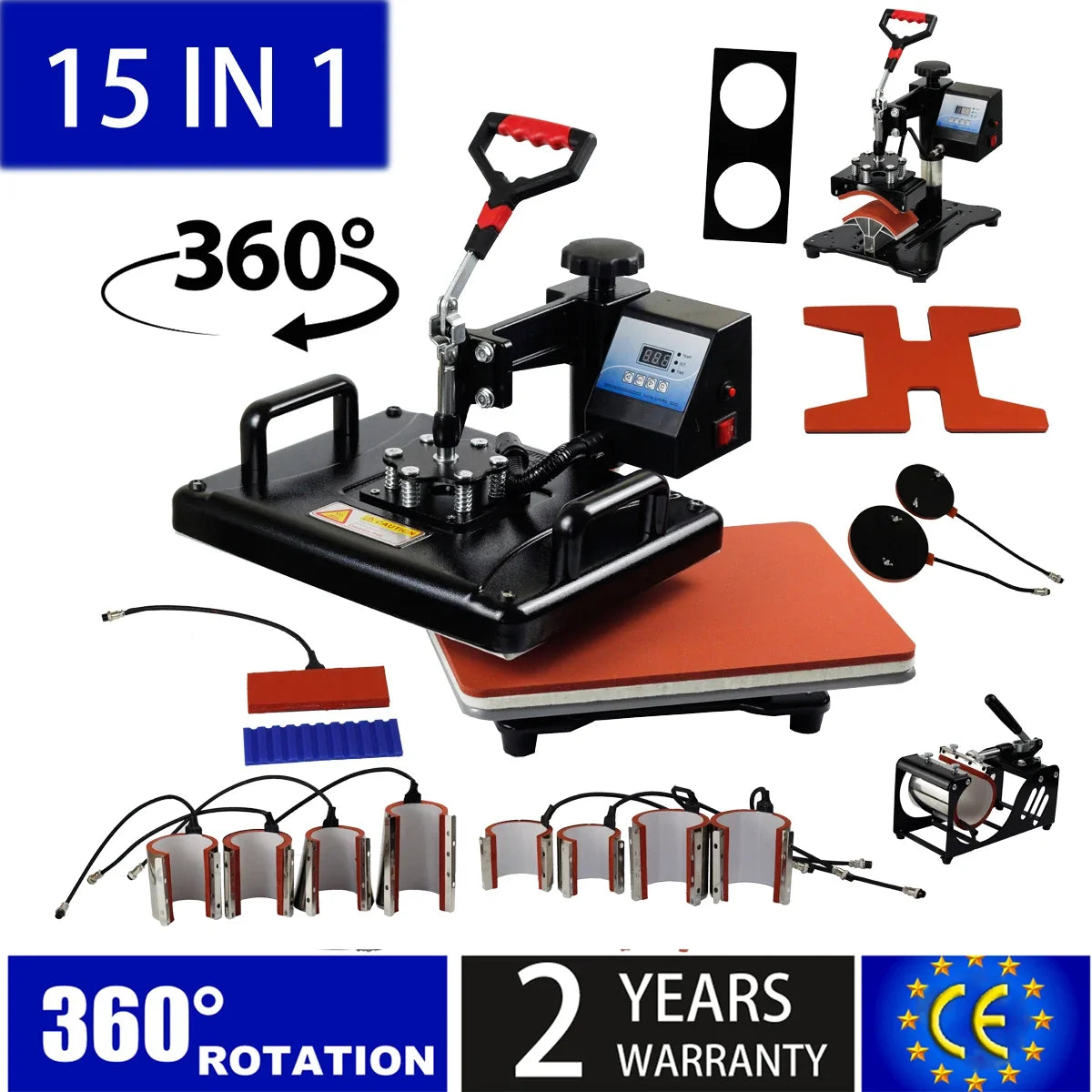 15-in-1 heat press machine UpTrend Deals with 360° rotation and mug, plate, hat attachments on Tampa Home & Garden Store