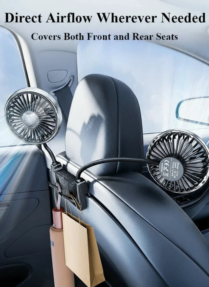 Comfort Breeze | Dual-Head Rear Seat Fan with 360° Rotation & USB-C Charging | Adjustable Airflow for Passenger Comfort