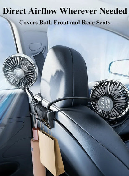 Comfort Breeze | Dual-Head Rear Seat Fan with 360° Rotation & USB-C Charging | Adjustable Airflow for Passenger Comfort