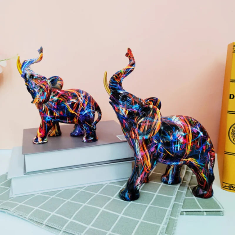 Perfecsy two colorful graffiti elephant sculptures in multicolor resin decor figurines on Tampa Home & Garden Store