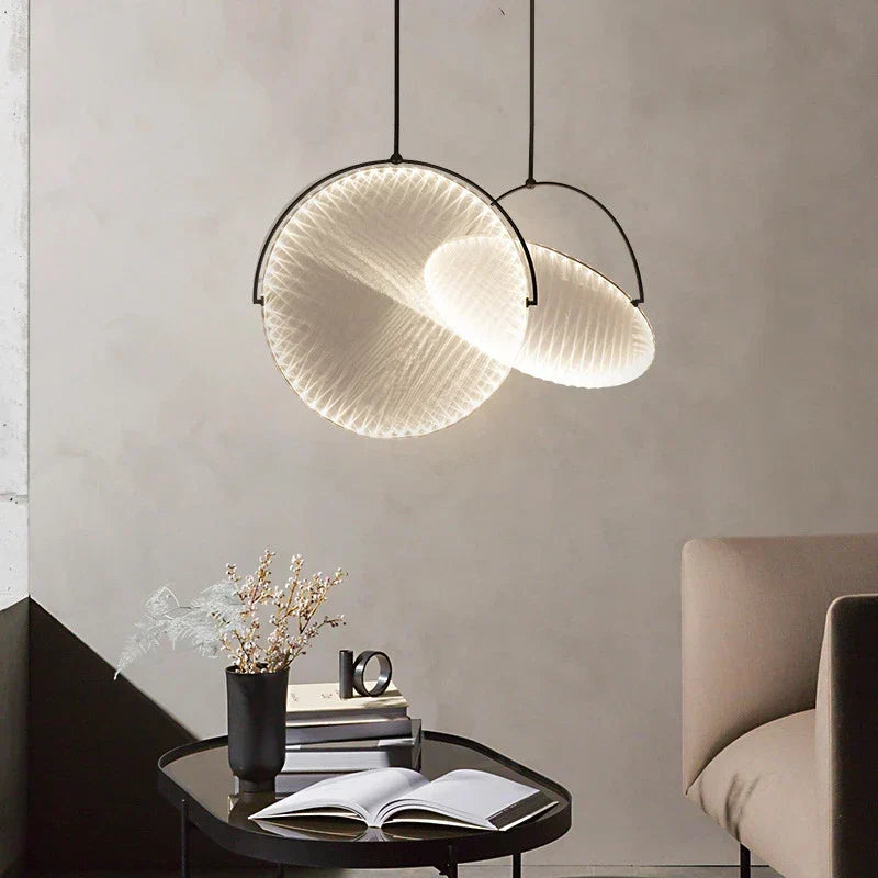 DecorBites Kepler fabric pendant lamps, round pleated white shades, two hanging lights on Tampa Home & Garden Store