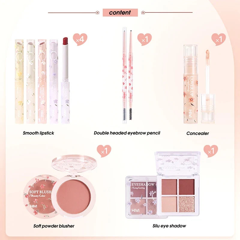 Makeup Kit: 8Pcs Lipstick, brow pencil, concealer, blusher, Silu eye shadow quad on Tampa Home & Garden Store