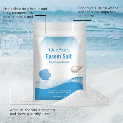 OceAura Epsom Salt magnesium sulfate moisturizing exfoliating bottle in white and blue on Tampa Home & Garden Store