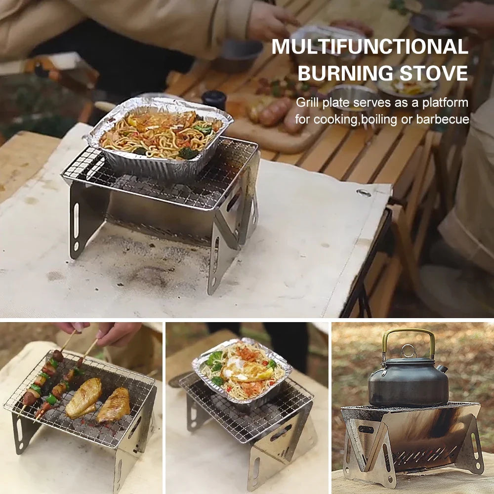 Camping Wood Burning Stove with Grill Plate by FLIPSTYLEZLLC, folding stainless grill on Tampa Home & Garden Store