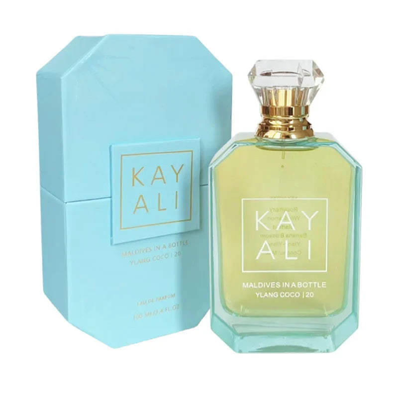 Kayali EDP perfume bottle with turquoise box, yellow liquid, Ylang Coco Maldives in a Bottle on Tampa Home & Garden Store
