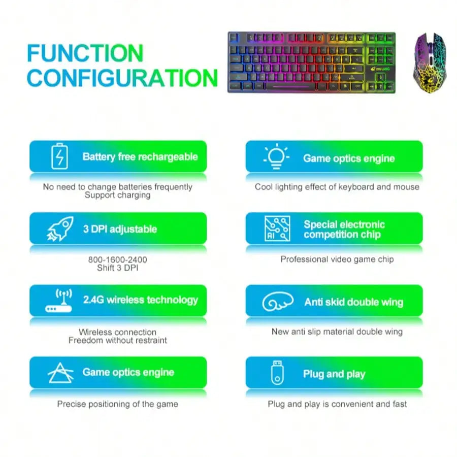 Free Wolf T87 wireless charging keyboard and mouse set with rainbow backlit keyboard and luminous mouse by FLIPSTYLEZLLC, 2.4G wireless, 3 DPI adjustable on Tampa Home & Garden Store