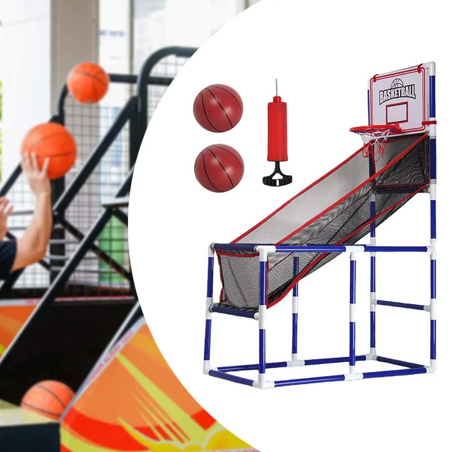 FLIPSTYLEZLLC arcade basketball game set with adjustable-height hoop, two red mini basketballs on Tampa Home & Garden Store