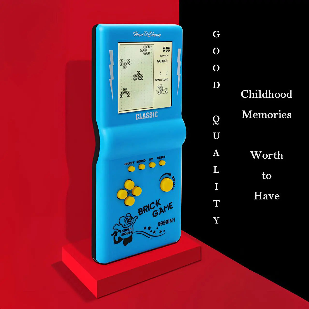 Blue handheld retro game console with yellow buttons and Type-C charging on Tampa Home & Garden Store