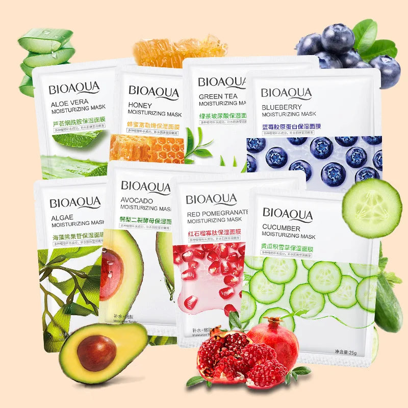 BIOAQUA fruit masks 8pc by Silcy Skin; aloe vera, honey, green tea, blueberry on Tampa Home & Garden Store
