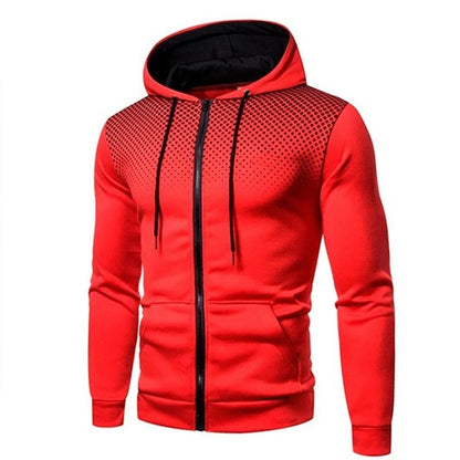 Men's red zip-up hoodie by UpTrend Deals, black polka dot chest, pockets, sporty casual on Tampa Home & Garden Store