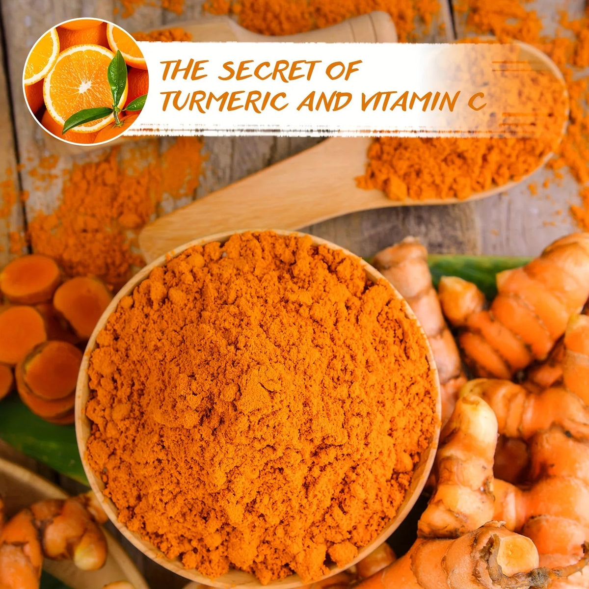 Turmeric Vitamin C clay mask orange powder in bowls with wooden spoons and ginger on wood on Tampa Home & Garden Store