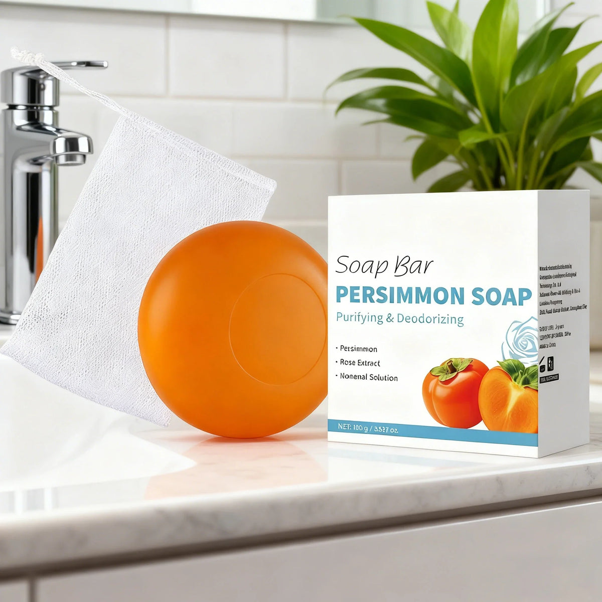 Persimmon Soap Bar by Silcy Skin; orange soap with white packaging and rose scent on Tampa Home & Garden Store