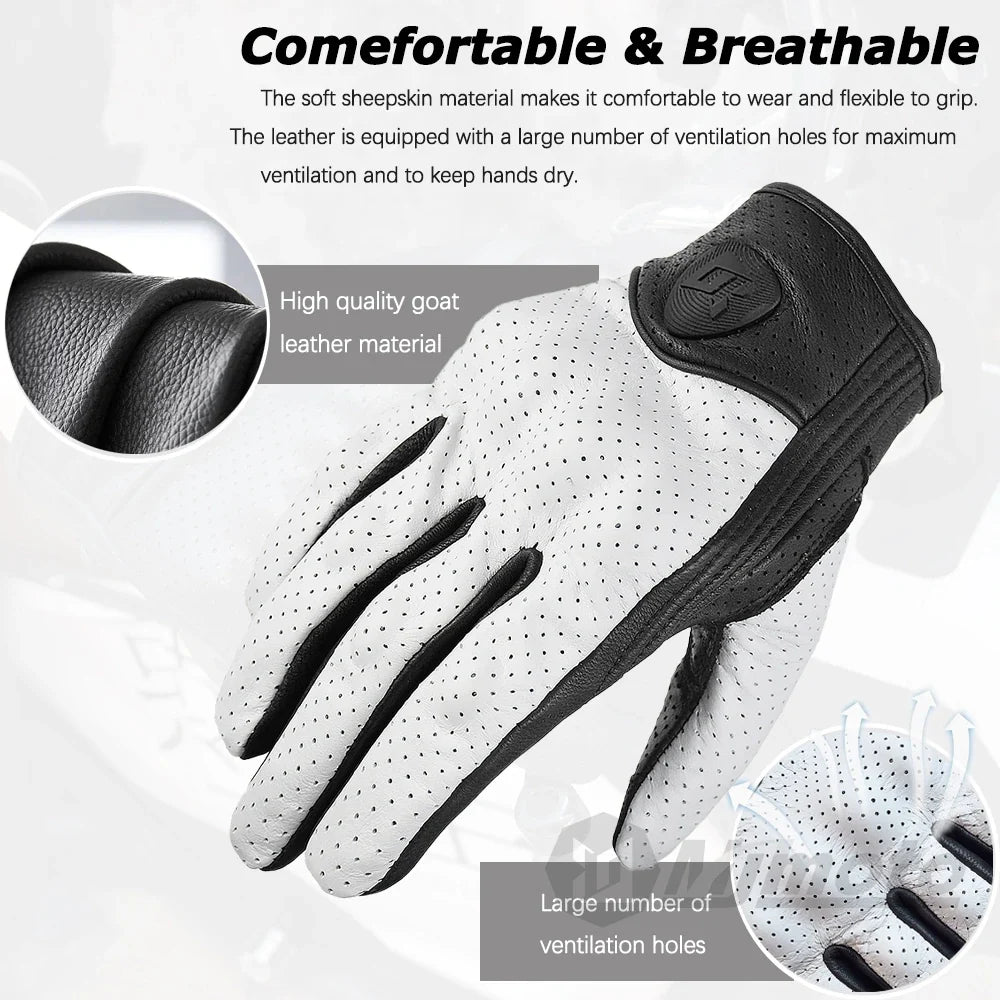 Leather Gloves Retro Biker white perforated leather with black cuff BikerZoneZ motorcycle gloves on Tampa Home & Garden Store