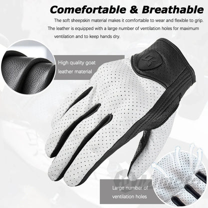 Leather Gloves Retro Biker white perforated leather with black cuff BikerZoneZ motorcycle gloves on Tampa Home & Garden Store