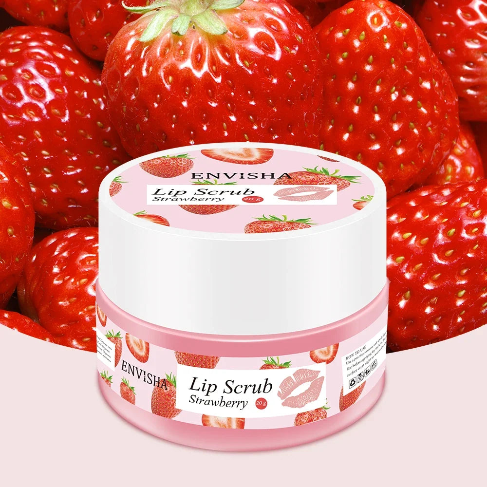 ENVISHA Lip Scrub Strawberry by Silcy Skin, pink jar with strawberry print label on Tampa Home & Garden Store