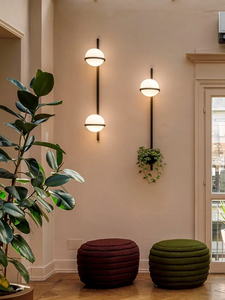 DecorBites LED Art Deco Plant Wall Lights with white globe lamps on black vertical bars on Tampa Home & Garden Store