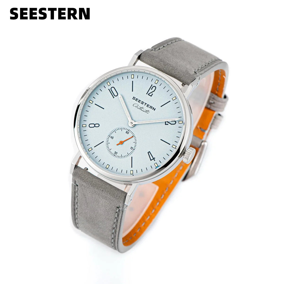 Seestern men's ultra-thin automatic dress watch with light blue dial and gray suede strap on Tampa Home & Garden Store