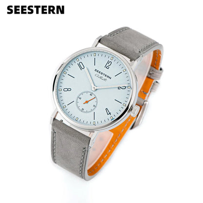 Seestern men's ultra-thin automatic dress watch with light blue dial and gray suede strap on Tampa Home & Garden Store
