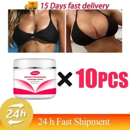 Breast-enhancing massage cream jar (Lidoria), pink label, 10-piece set, model in black bikini on Tampa Home & Garden Store