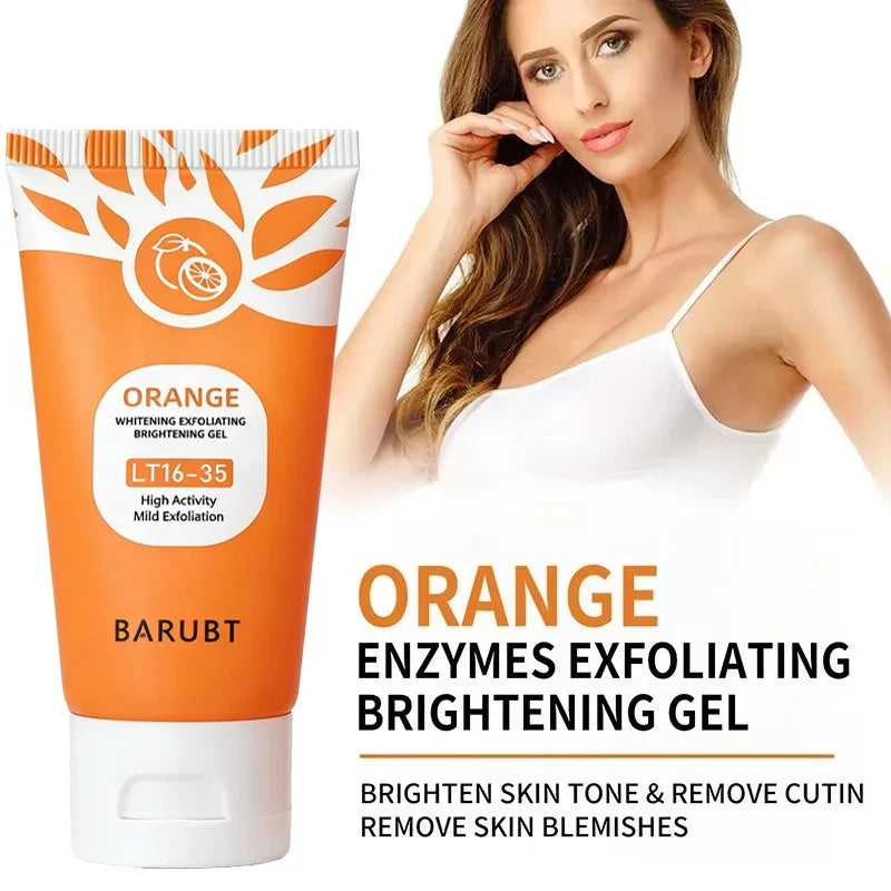 Orange exfoliating gel for face and body, 50g tube with BARUBT branding on packaging on Tampa Home & Garden Store