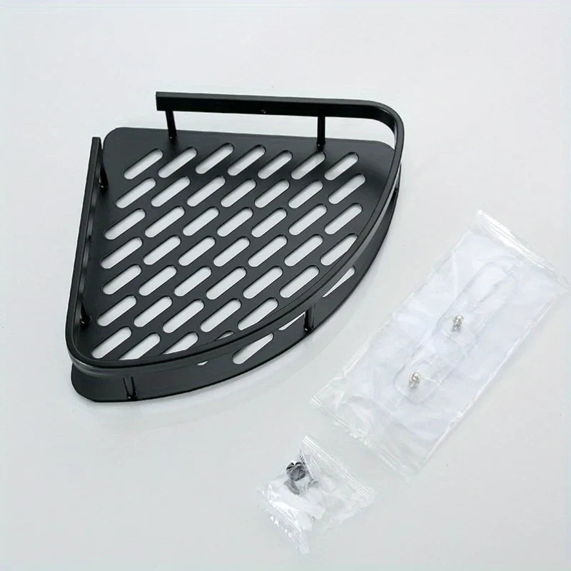 Stainless steel tension shower caddy corner shelf in black finish with mounting screws on Tampa Home & Garden Store