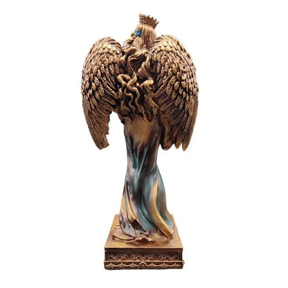 New Greek Goddess of Wealth resin statue with gold-bronze wings and teal gown for desk decor on Tampa Home & Garden Store