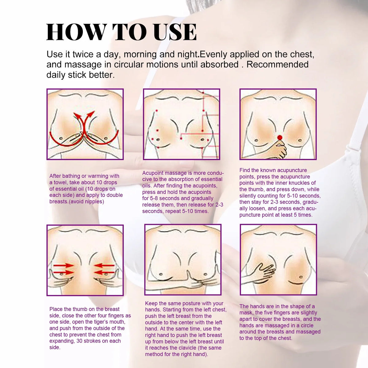 Breast enlargement oil by Silcy Skin shown as diagrams of breast massage steps on Tampa Home & Garden Store