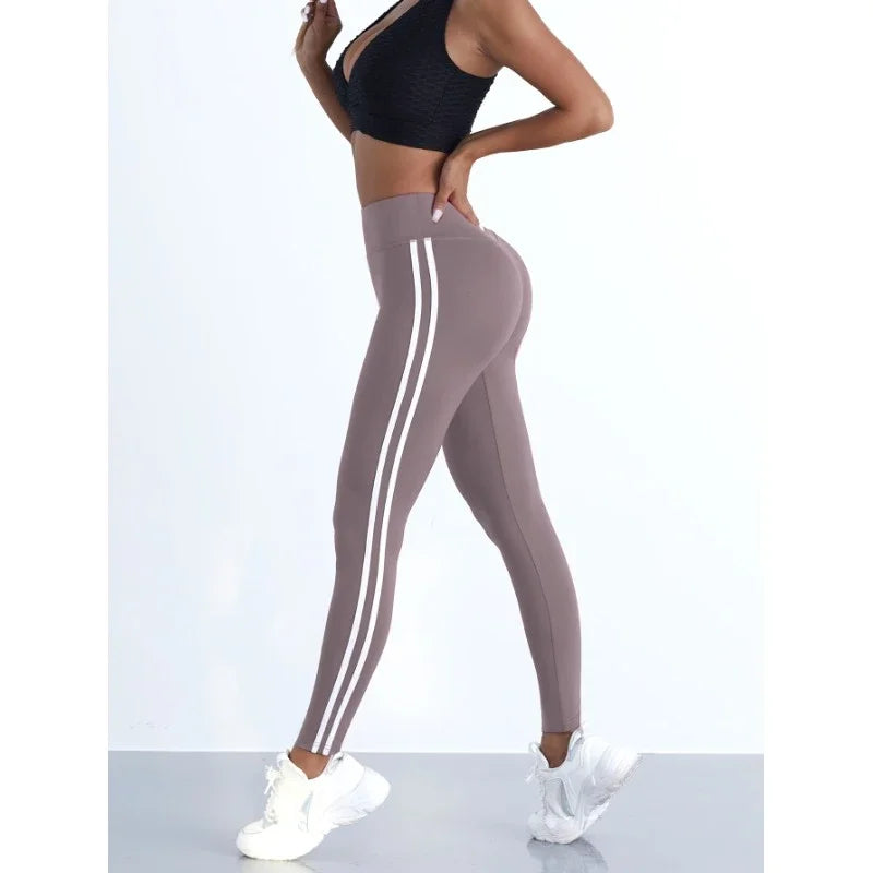 Women's Striped Yoga Leggings taupe with white side stripes; slim fit athletic pants on Tampa Home & Garden Store