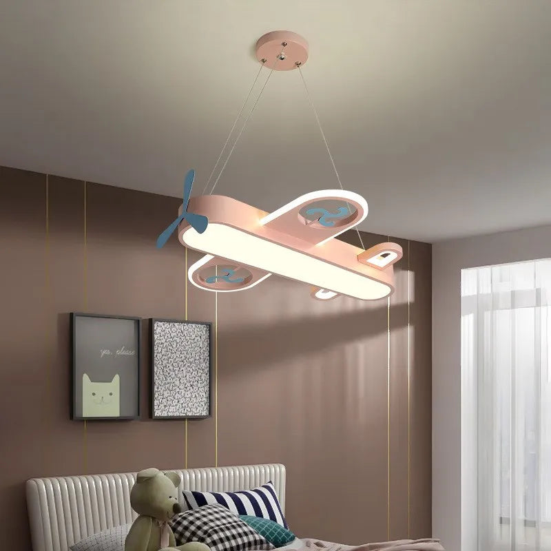DecorBites Kids Airplane Pendant Light in pink wood and metal with LED, nursery ceiling fixture on Tampa Home & Garden Store