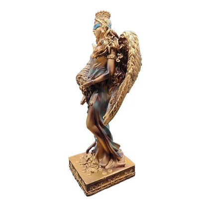 Gold bronze resin statue of the winged Greek Goddess of Wealth on an ornate base for desk decor on Tampa Home & Garden Store
