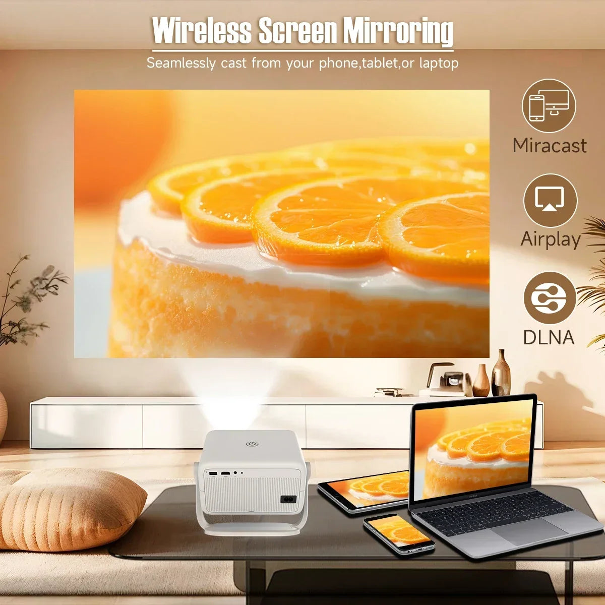 4K portable projector with auto focus, white UpTrend Deals unit projecting orange cake image on Tampa Home & Garden Store