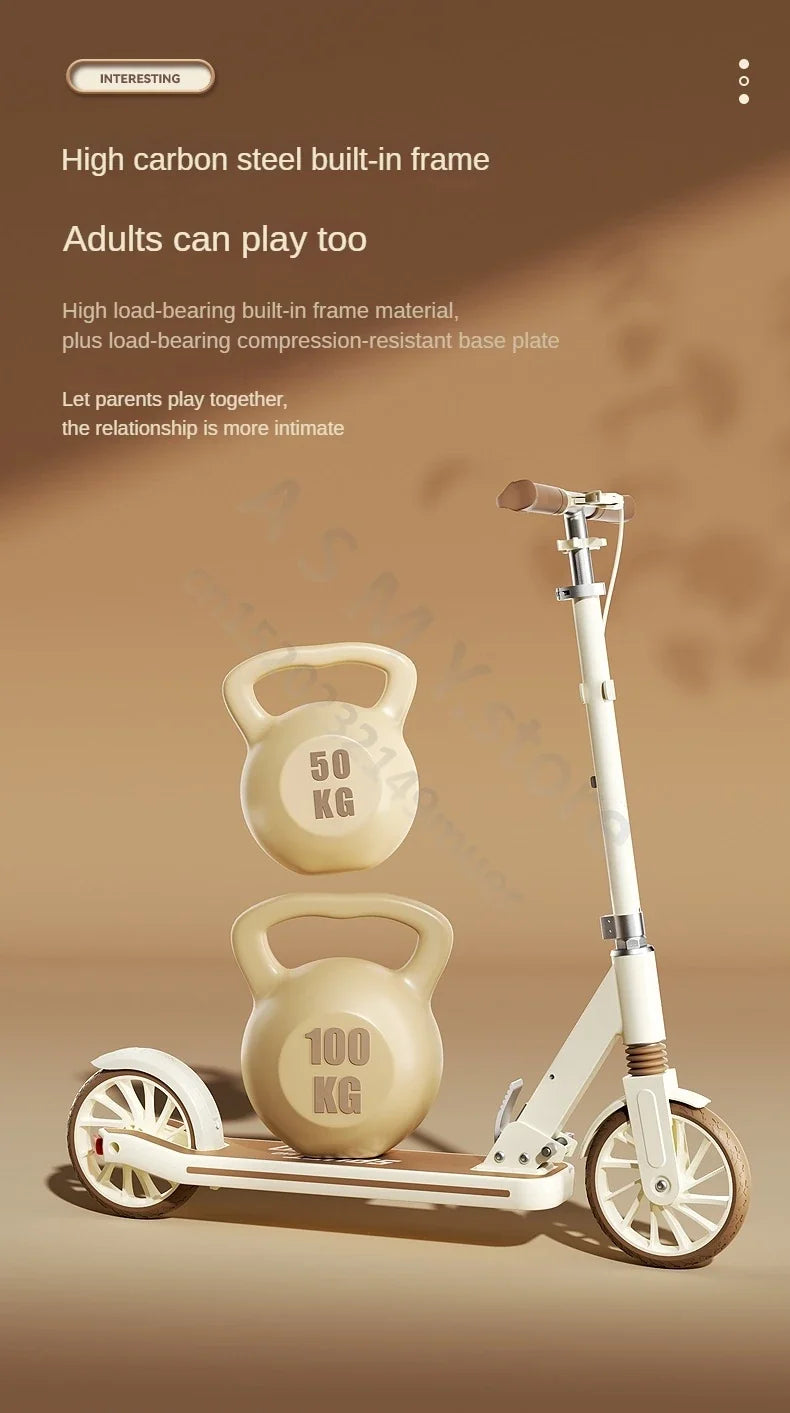 Foldable kick scooter by UpTrend Deals, white frame with 2 wheels beside two kettlebells on Tampa Home & Garden Store
