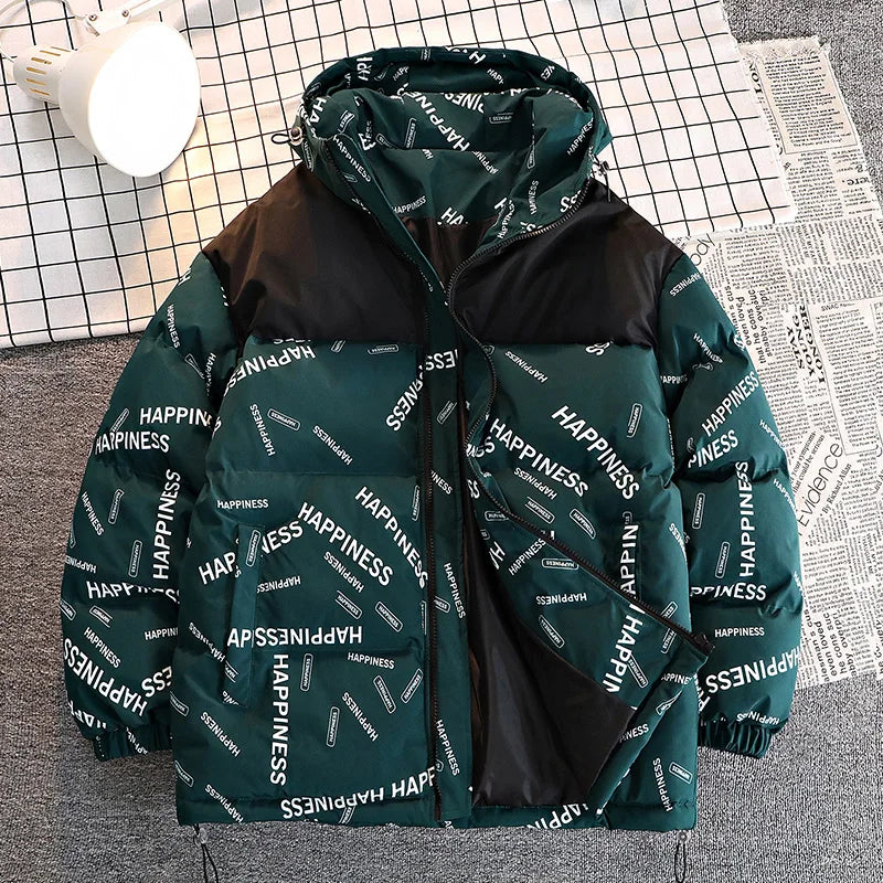 Men's winter parka UpTrend Deals teal cotton-padded hooded coat with Happiness print on Tampa Home & Garden Store