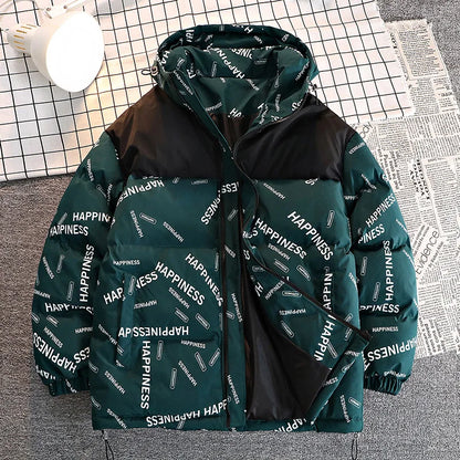 Men's winter parka UpTrend Deals teal cotton-padded hooded coat with Happiness print on Tampa Home & Garden Store