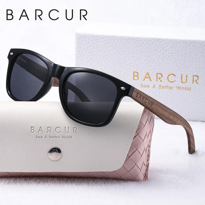 BARCUR sunglasses with black frame and wooden temple, polarized oval lenses See A Better World case on Tampa Home & Garden Store