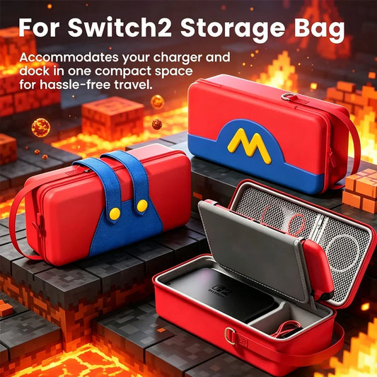 Switch 2 EVA hard shell storage bag red with blue strap, cases shown with Nintendo Switch inside on Tampa Home & Garden Store