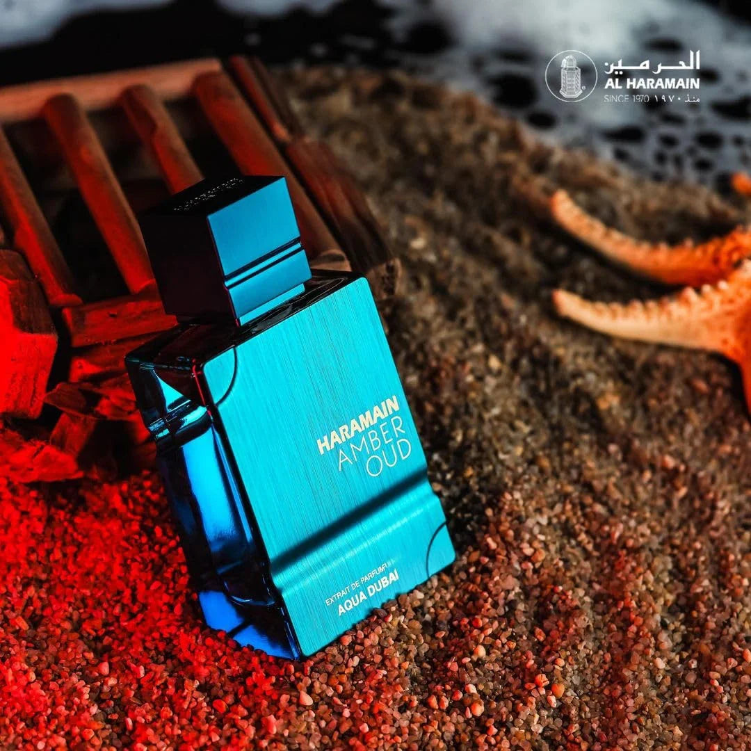Al Haramain Amber Oud Aqua Dubai Eau de Cologne bottle blue brushed-metal finish 2 oz on Tampa Home & Garden Store