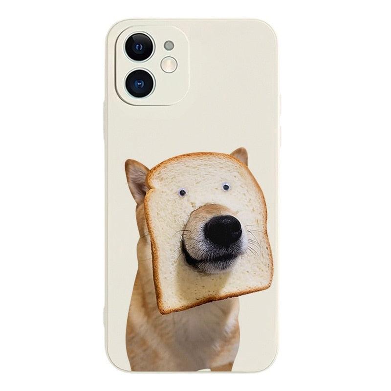 Stevvex dog pattern silicone iPhone case with cream background and puppy holding bread on Tampa Home & Garden Store