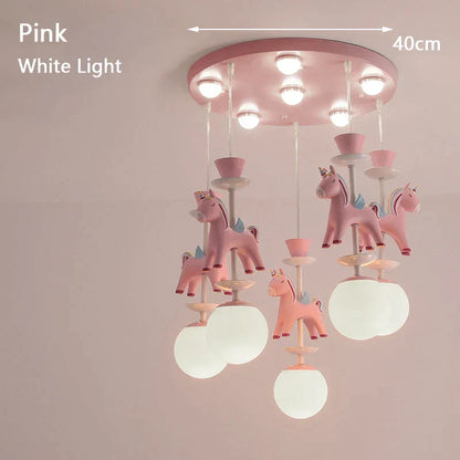 DecorBites Kids Dream Carousel Chandelier pink unicorns with white globe bulbs, 40cm pendant light on Tampa Home & Garden Store