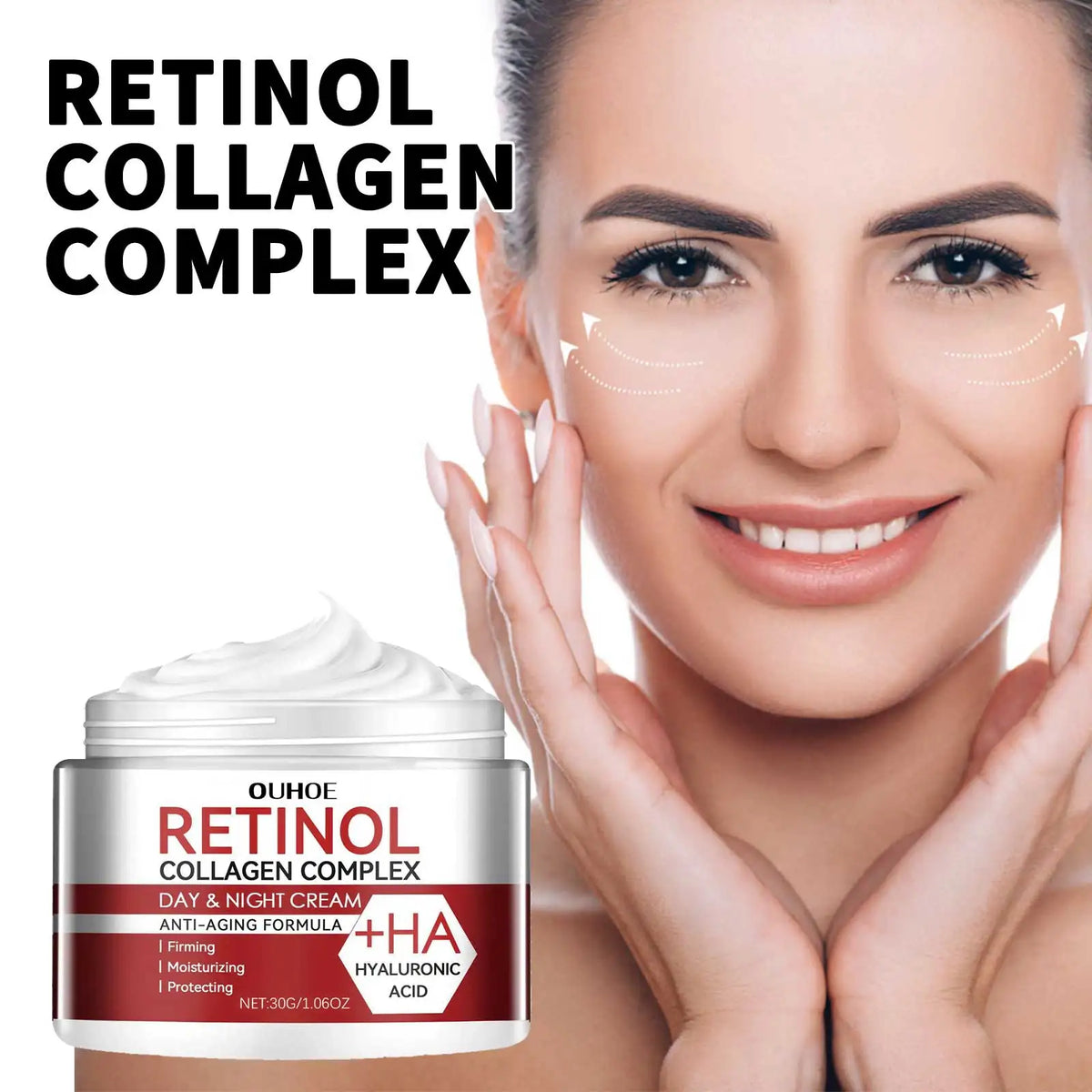 Retinol Collagen Complex Day & Night Cream by Silcy Skin +HA hyaluronic acid beside a smiling woman on Tampa Home & Garden Store