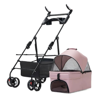 Pet Zen 3-in-1 dog stroller with detachable carrier, black frame and pink mesh carrier, 4 wheels on Tampa Home & Garden Store