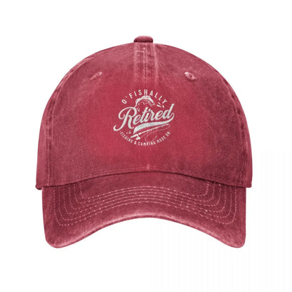 Distressed red washed cotton baseball cap with white Retired logo embroidery on Tampa Home & Garden Store